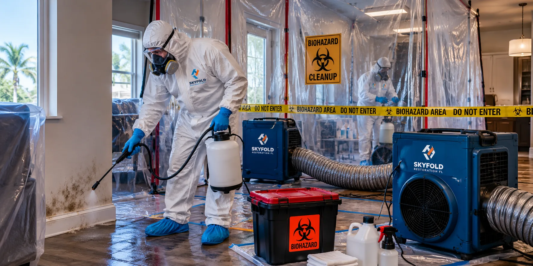 Biohazard cleanup protective equipment and containment