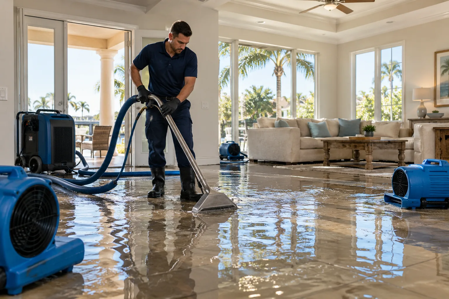 Water damage restoration technician working in a flooded Florida home